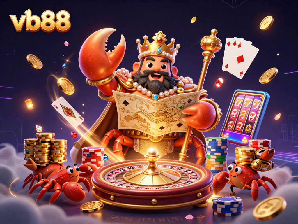 Win big with vb88 at a lively casino scene featuring a golden crab emperor amidst riches.