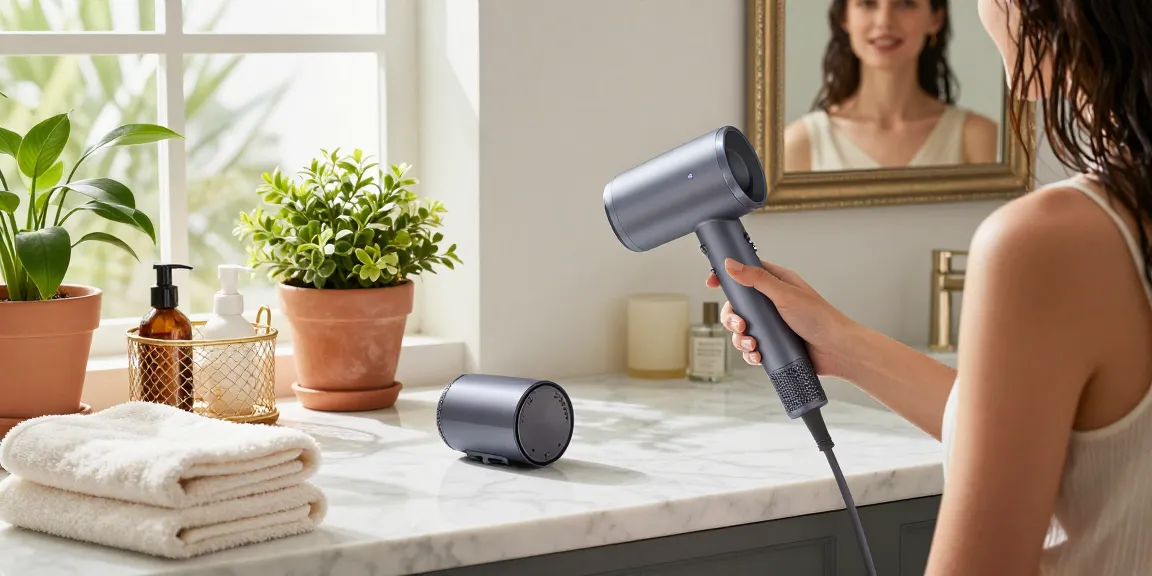 Compact hair dryer on a marble countertop with a woman drying her hair in a modern bathroom.