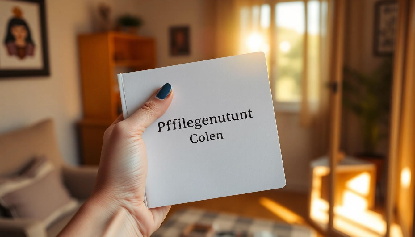 Hand hält Notizbuch für pflegeberatung köln in einem einladenden Raum mit warmem Licht.