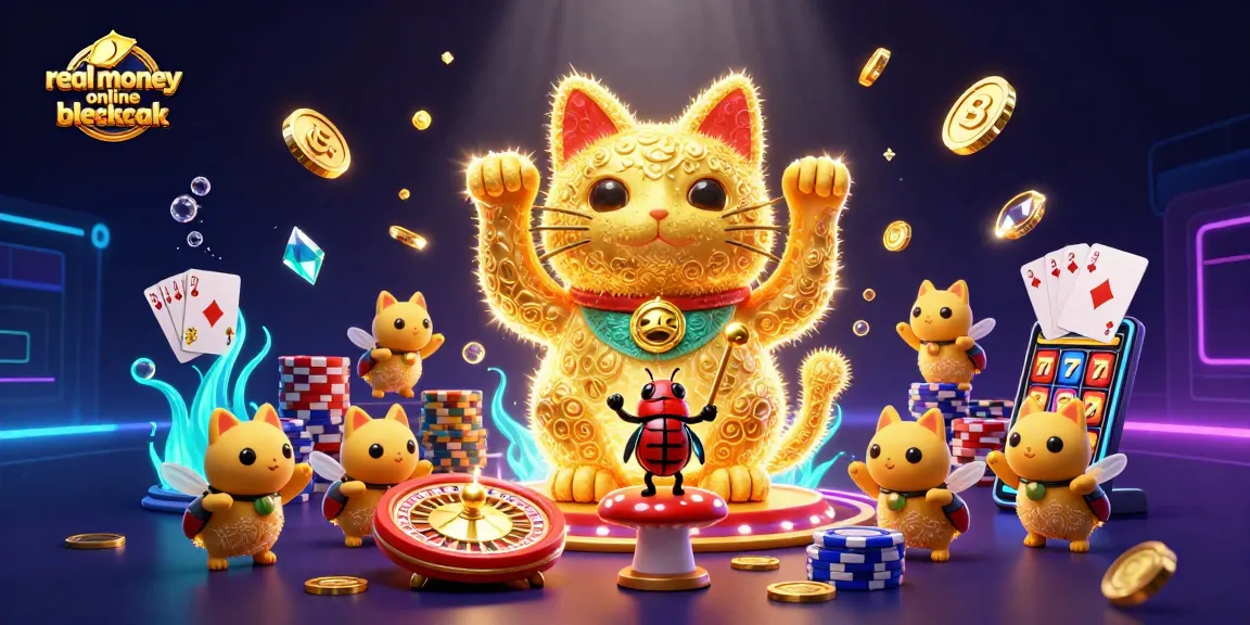 Engage in real money online blackjack with a vibrant scene featuring a lucky cat among dazzling casino elements.