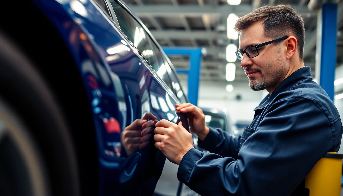 Kratzer Reparatur Auto München: Fachkraft bei der Reparatur von Lackschäden an einem Fahrzeug.
