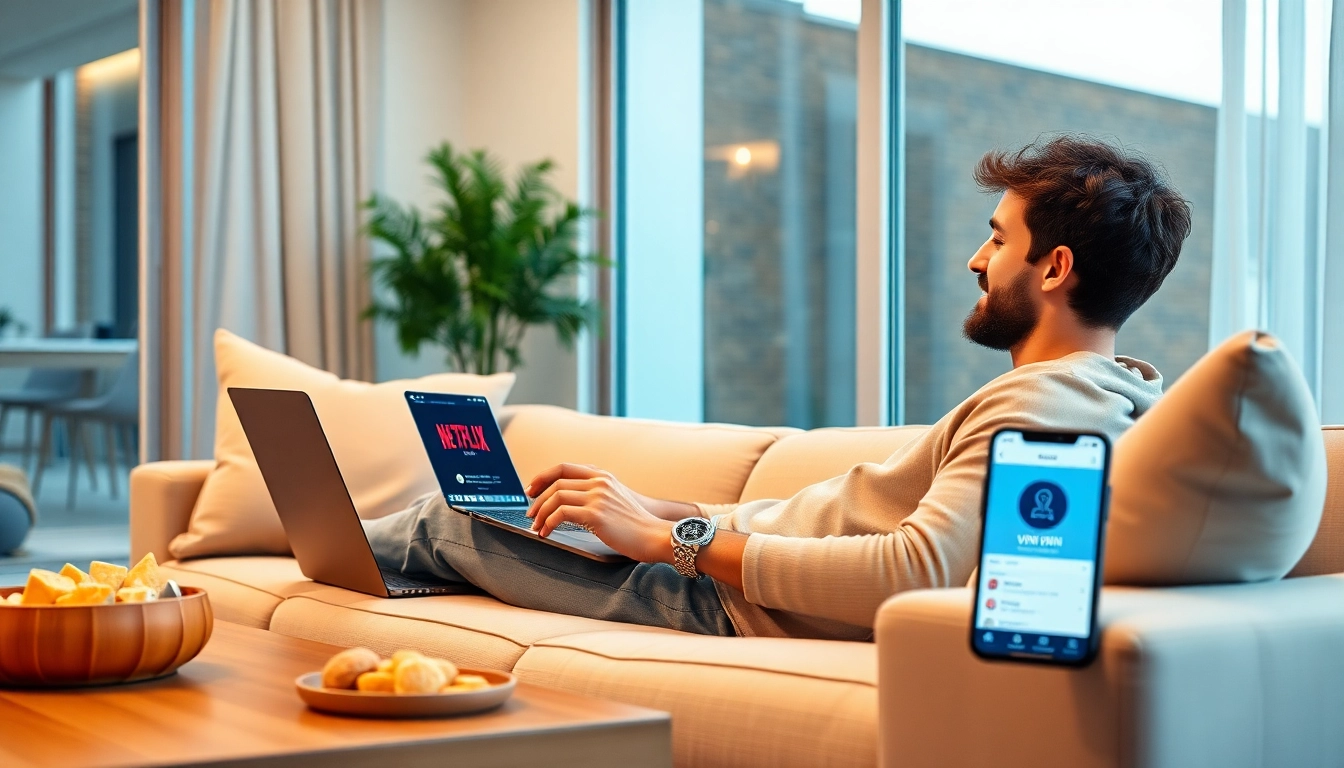 Streaming Netflix VPN on a laptop in a cozy living room setting.