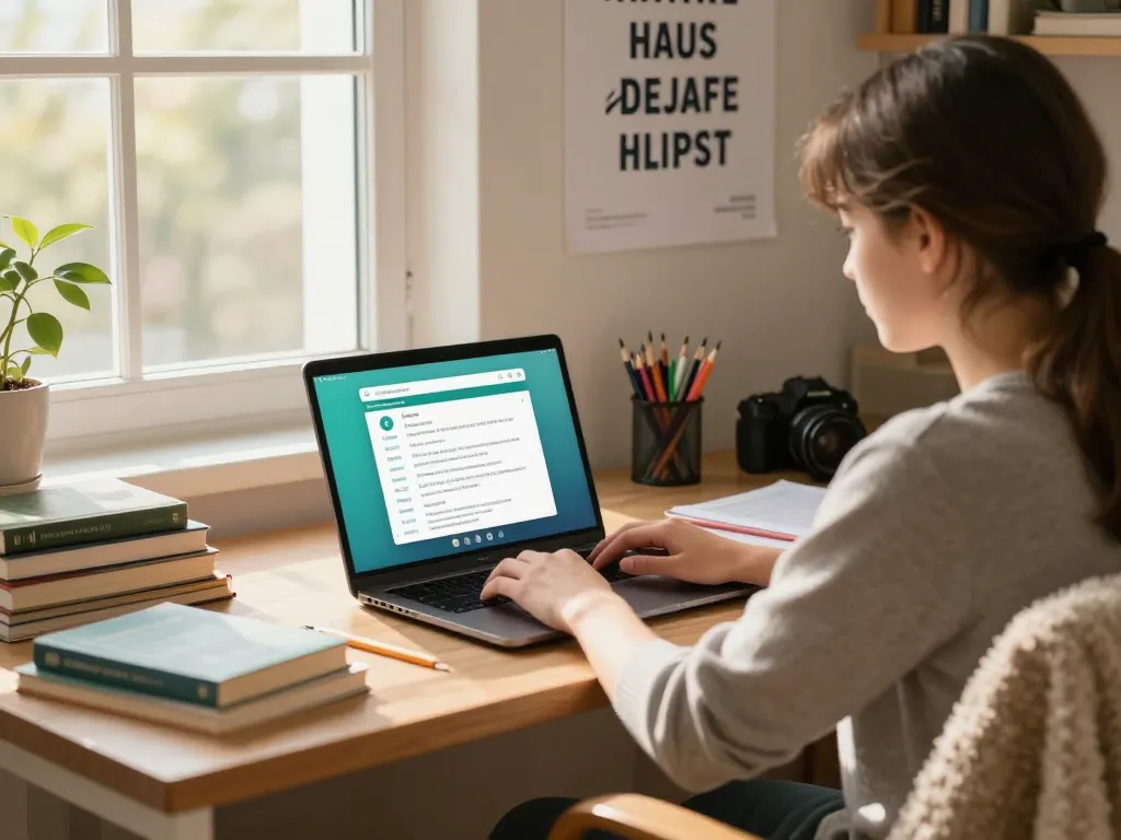 Student, der Hausaufgaben KI kostenlos in einem hellen Studienbereich mit Lehrbüchern und digitalen Werkzeugen nutzt.
