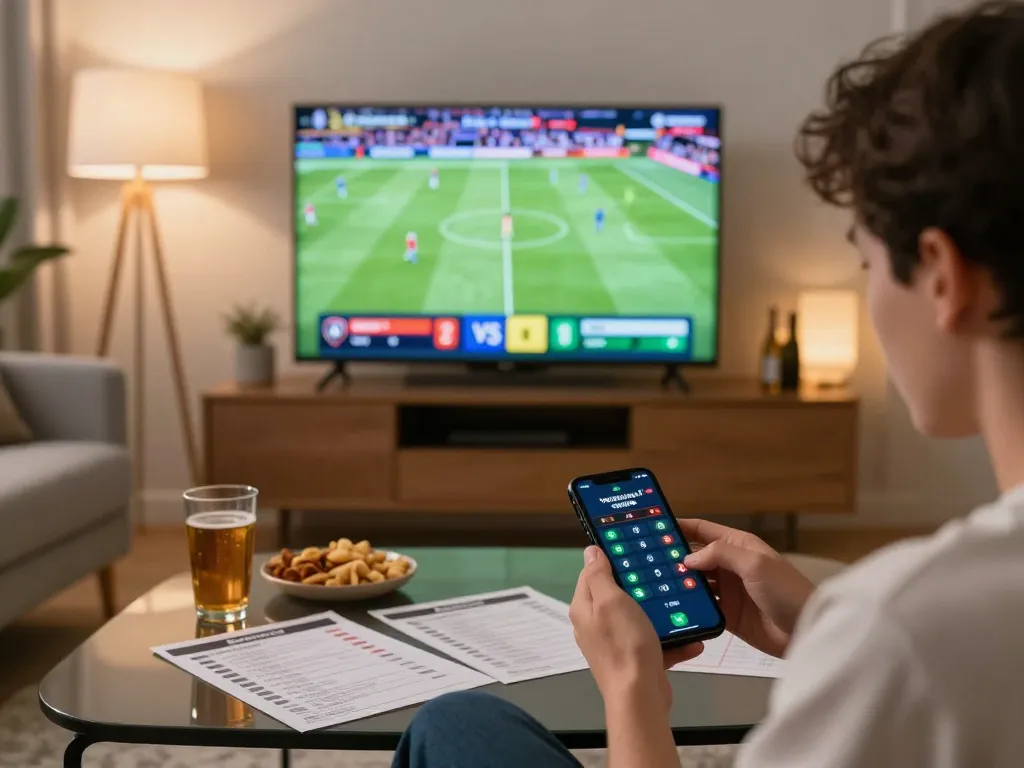 Engaging sports betting scene displaying tỷ lệ nhà cái odds on smartphone during a game, emphasizing strategic gameplay.