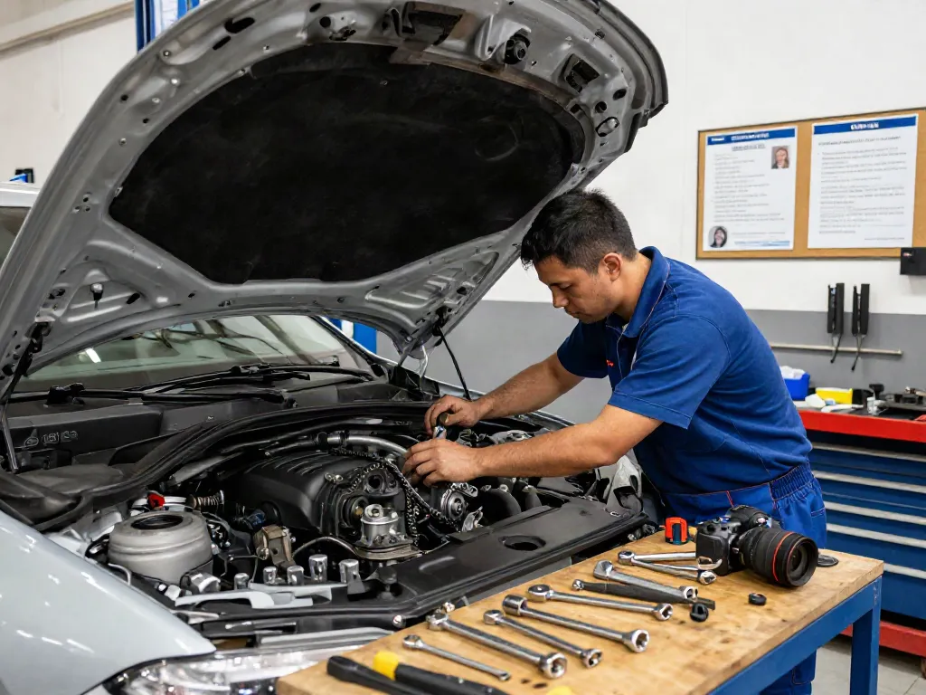 BMW Steuerkette Hannover: Mechaniker in Werkstatt bei der Arbeit an der Steuerkette eines Fahrzeugs.