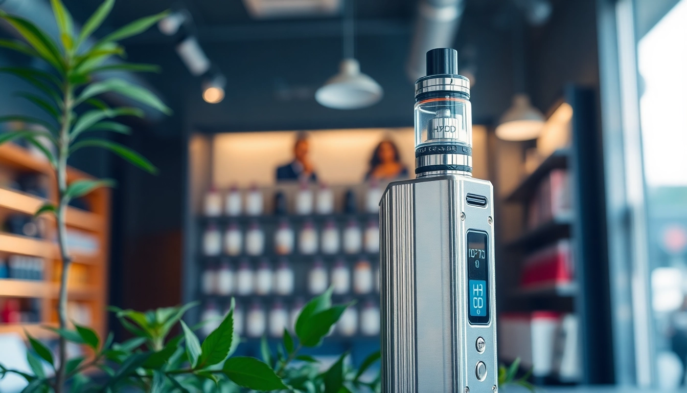 HQD vape im Fokus, stilvoll in einem modernen Vape-Shop präsentiert.