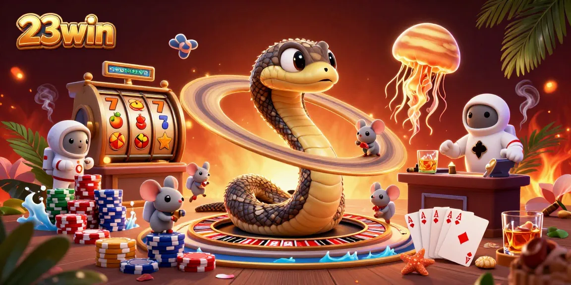 Engage with 23win's cosmic casino, featuring Saturn ring snakes and vibrant slot symbols.