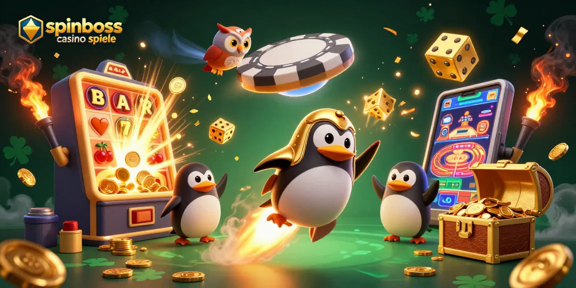 Erleben Sie Spinboss Casino Spiele mit einem goldenen Pinguin, der durch den Kosmos schießt und Spielautomaten mit Gewinnsymbolen umgibt.