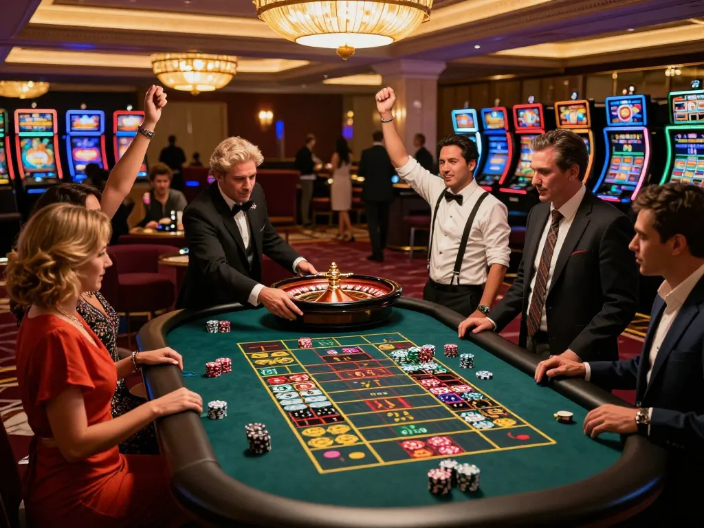 Players engaging at a GO88 roulette table, celebrating wins with vibrant chips in a luxurious casino