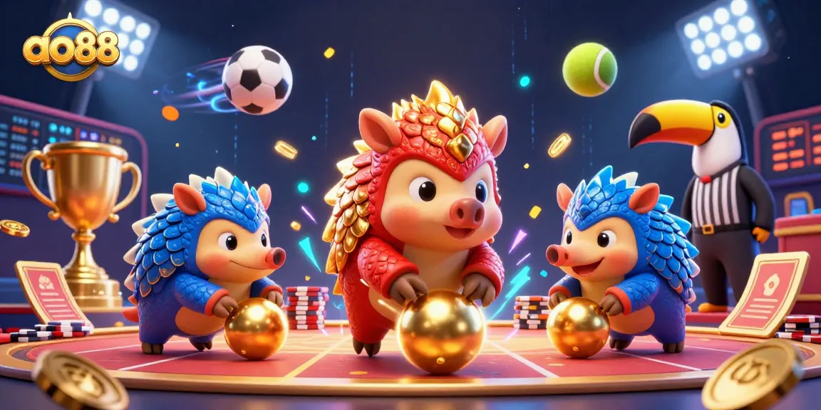 ao88 brings thrilling competition with rival pangolins in a dynamic casino setting, showcasing vibrant gambling action.