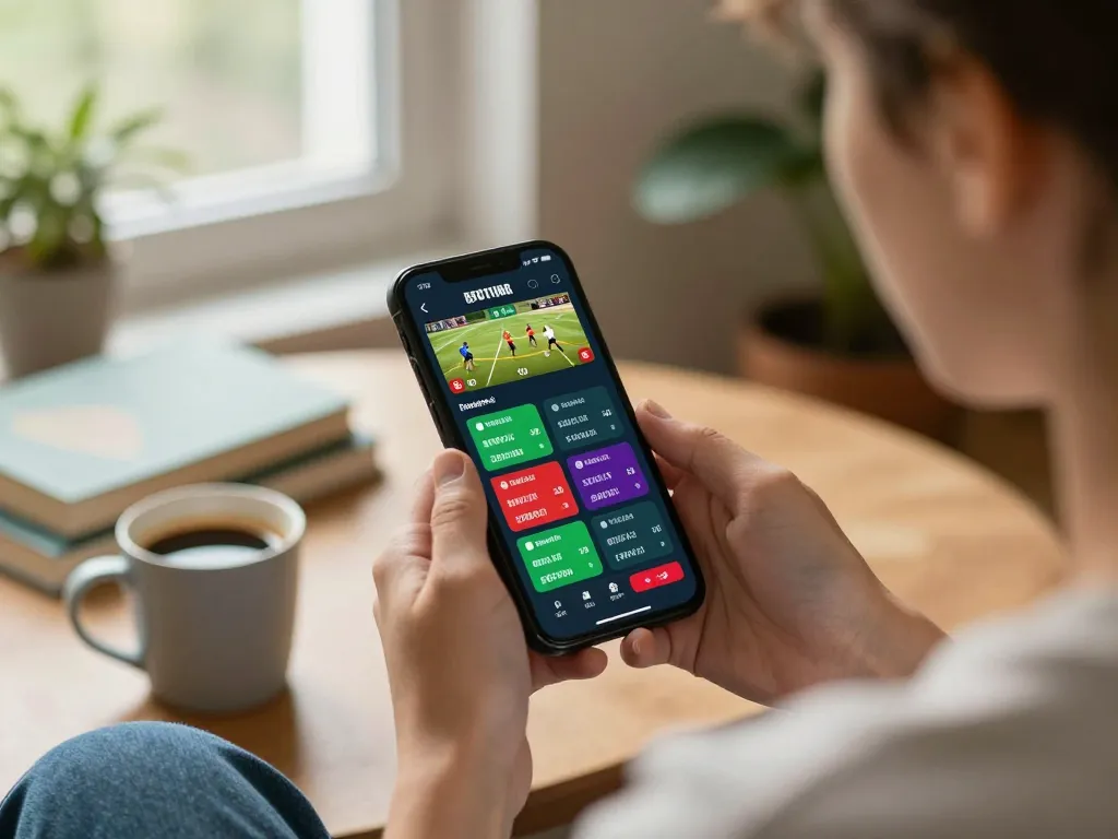 PH22 user engaged in strategic live sports betting on a mobile app in comfortable home setting