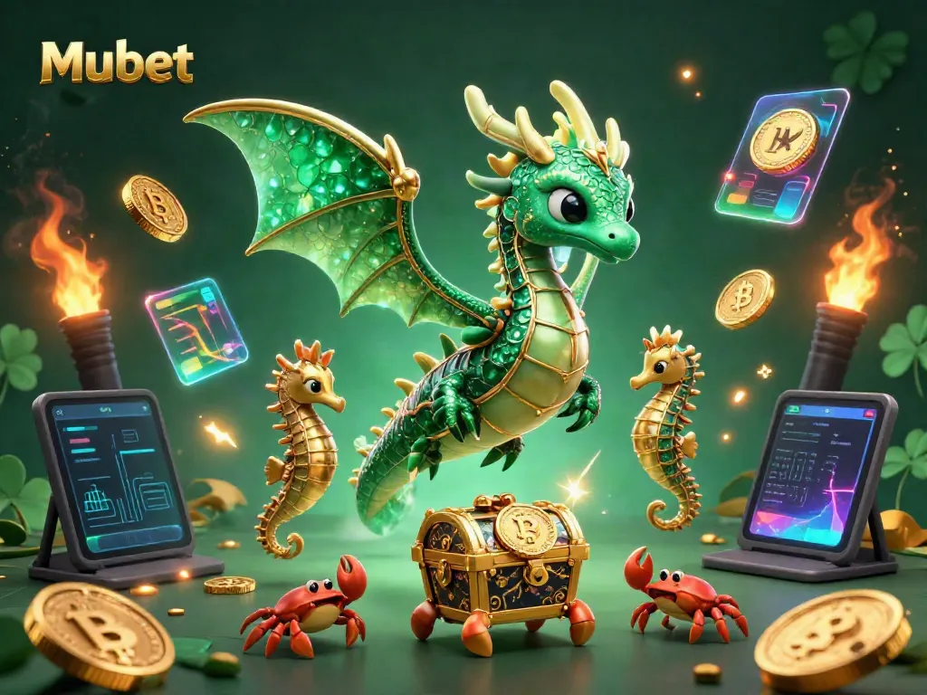 Mubet's captivating gaming adventure featuring a sea dragon, cryptocurrency elements, and vibrant visuals