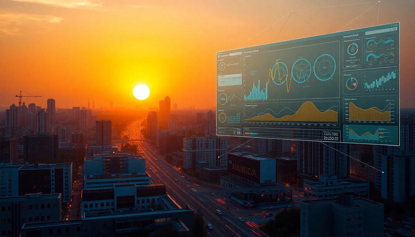 Entdecken Sie den Web-Rang durch modernste digitale Trends in einer futuristischen Stadtlandschaft.