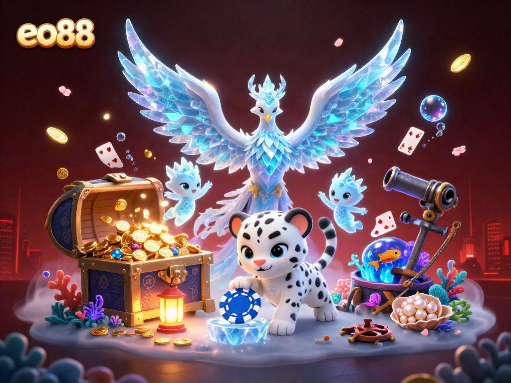 eo88 showcases an ice phoenix, a snow leopard cub, and ice sprites amidst a vibrant casino scene.