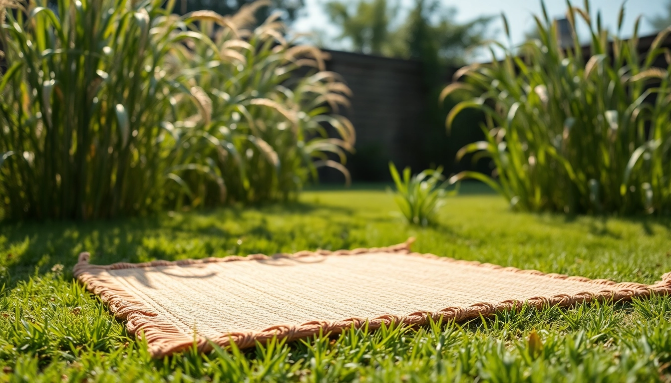 Hanfmatte in einem einladenden Garten, ideal für Entspannung im Freien.