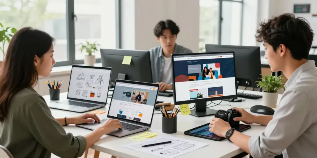 Professionelles Webdesign Saarland: Entwickler und Designer im kreativen Austausch an einem großen Tisch.