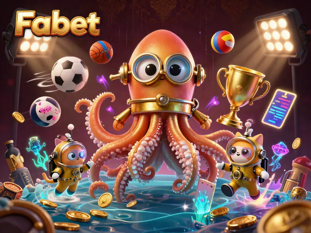 Fabet showcases a vibrant 3D illustration with a kraken and diving cat amidst dynamic sports elements.