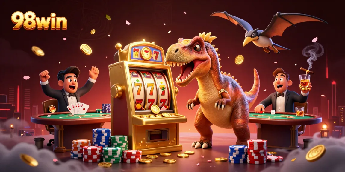 Engage with 98win’s vibrant casino adventure featuring a dinosaur and thrilling slot machine action.