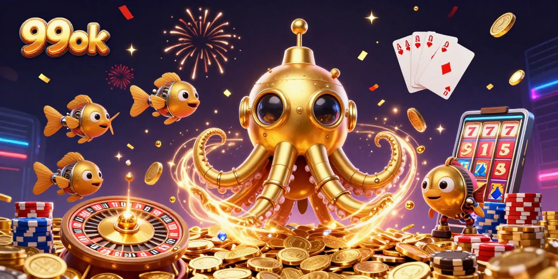 Experience the excitement of 99ok gaming with vibrant visuals, golden kraken, and dynamic casino elements.