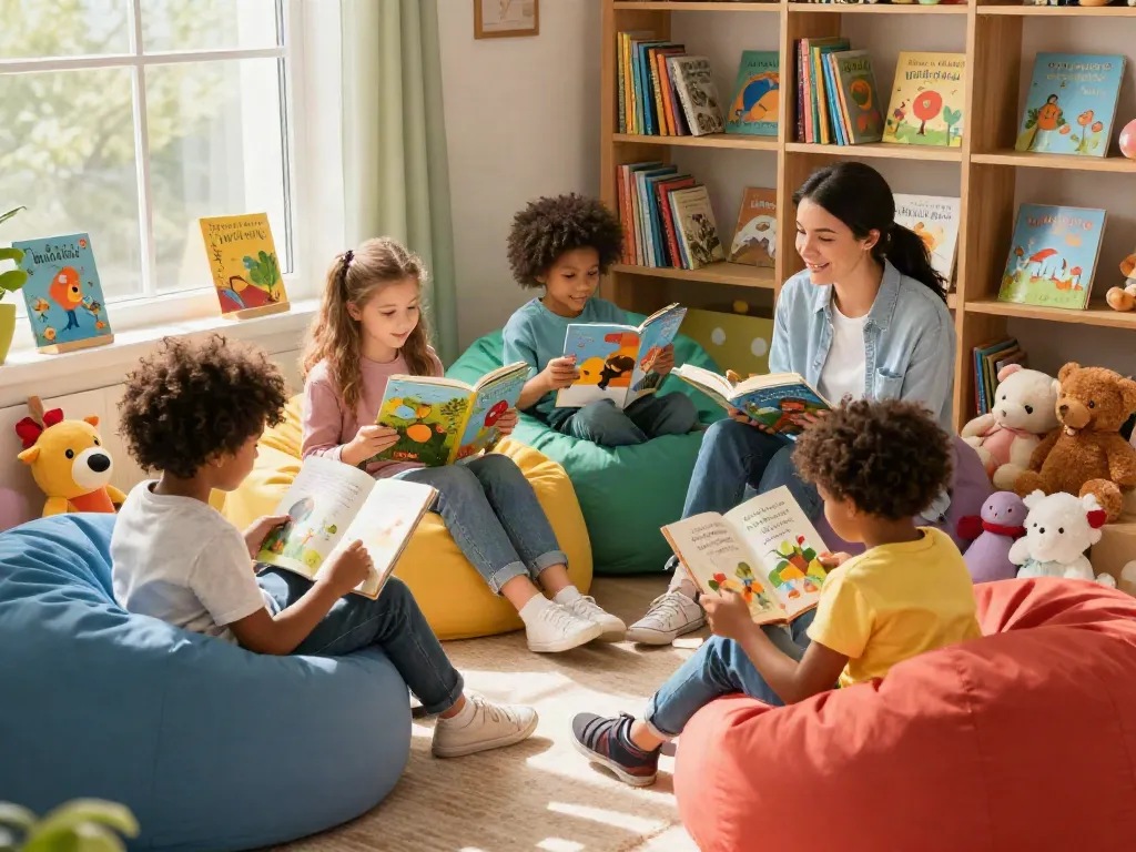 Children enjoying rokok88 storybooks in a cozy reading nook.