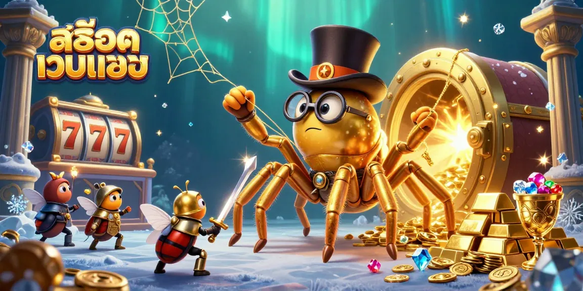 Engage with สล็อตเว็บตรง in a whimsical casino scene featuring a golden tarantula and a brave beetle knight.