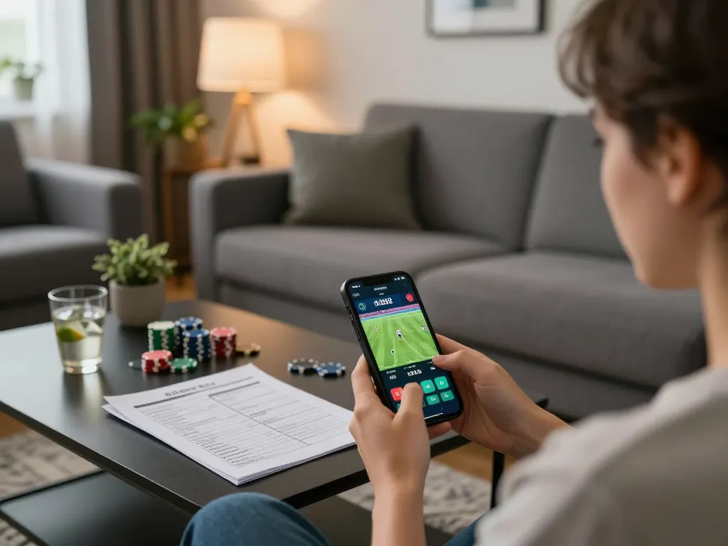 Person analyzing soi kèo odds on a smartphone while enjoying home betting atmosphere.
