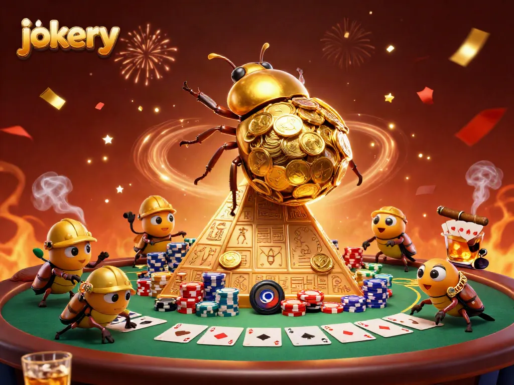 Engage in the jokery action with golden beetles rolling coins at a vibrant casino-themed pyramid.