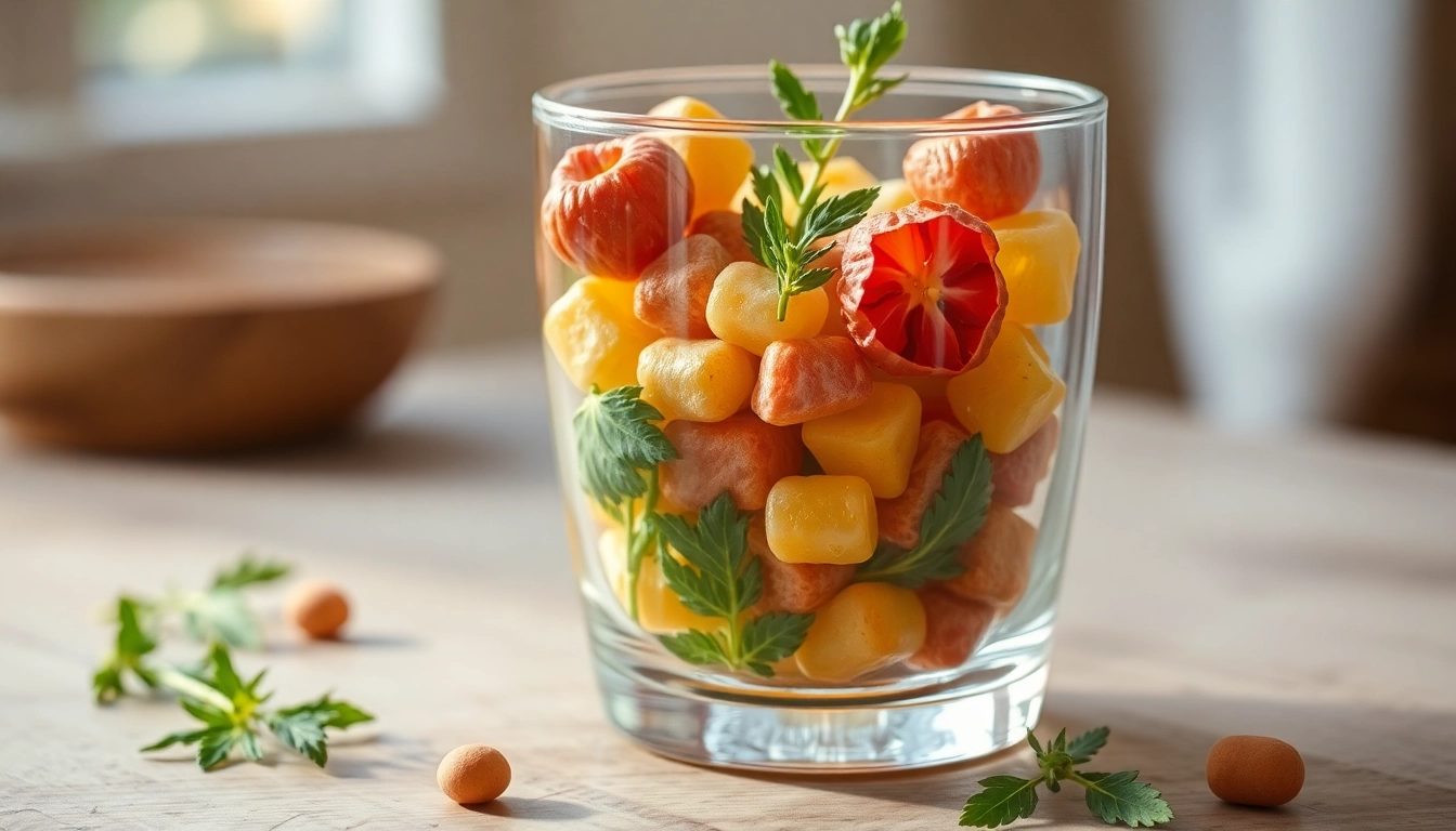 Natürliche Diätkapseln in einem Glas mit frischen Kräutern, optimal beleuchtet für einen einladenden Look.