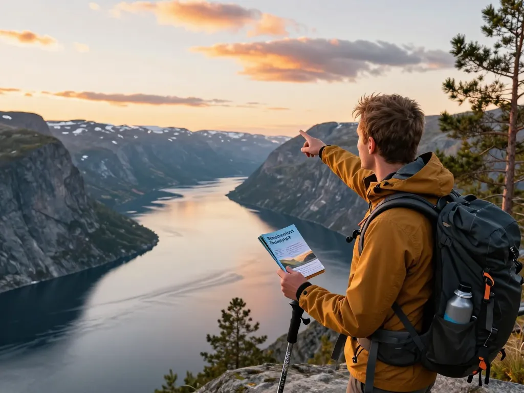 Skandinavien Reisetipps Leitfaden in der Hand an einem schönen Fjord, der die Natur zeigt.