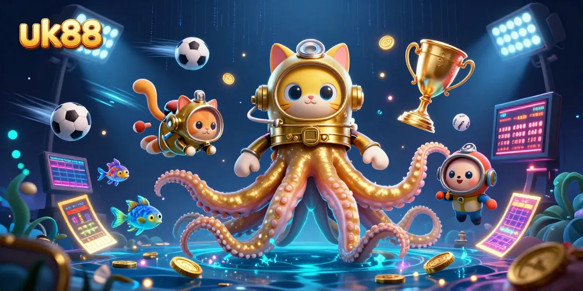 Experience excitement at UK88 with a dynamic scene featuring a jubilant kraken, diving cat, and sports elements, showcasing thrilling bets.