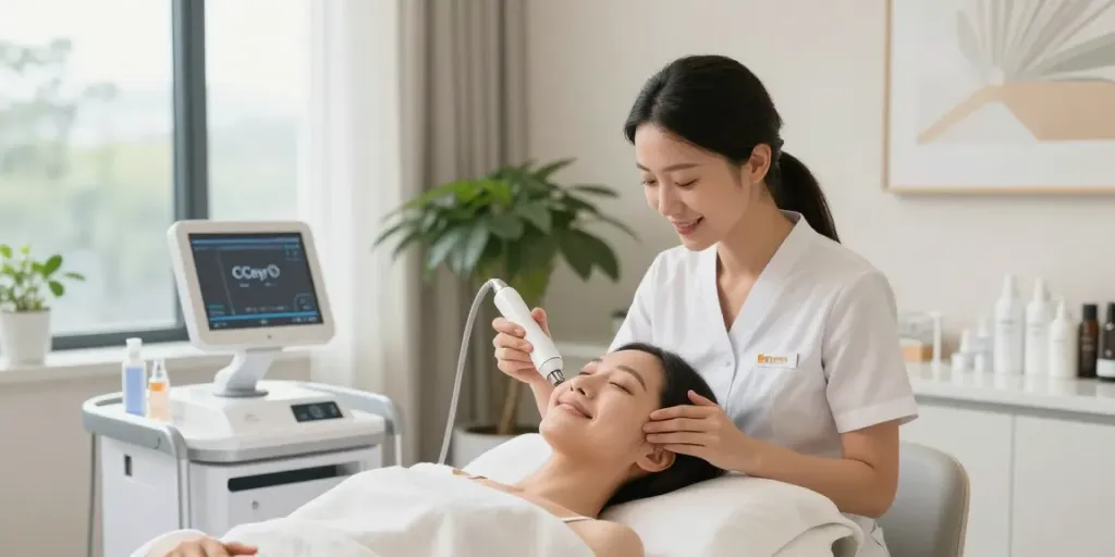 Professionelle Behandlung für Augenringe abdecken in einem modernen Beauty-Salon mit lächelnder Patientin.