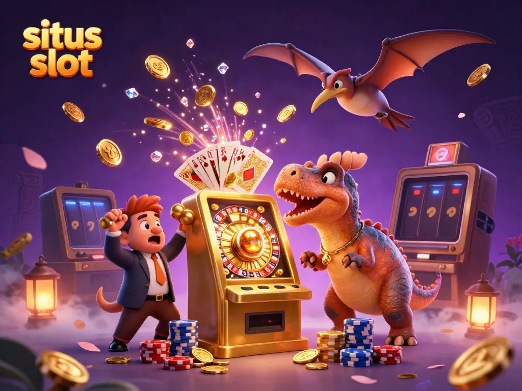 Engaging scene depicting a pachycephalosaurus celebrating a jackpot at a situs slot, surrounded by casino elements.