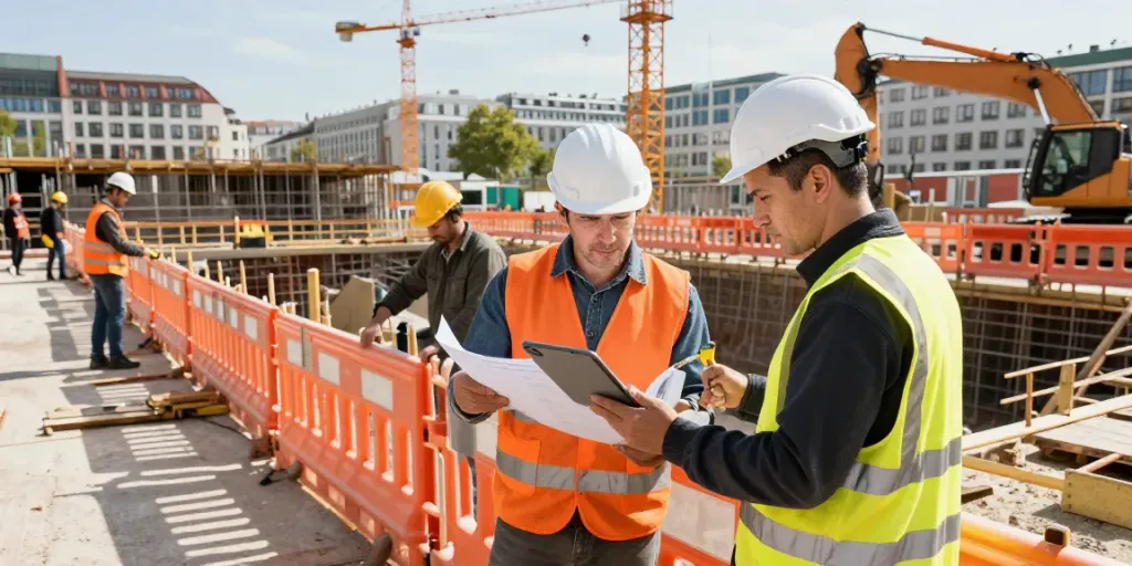 Baugrubensicherung in Wien: Ingenieur überprüft Sicherheitsmaßnahmen auf der Baustelle