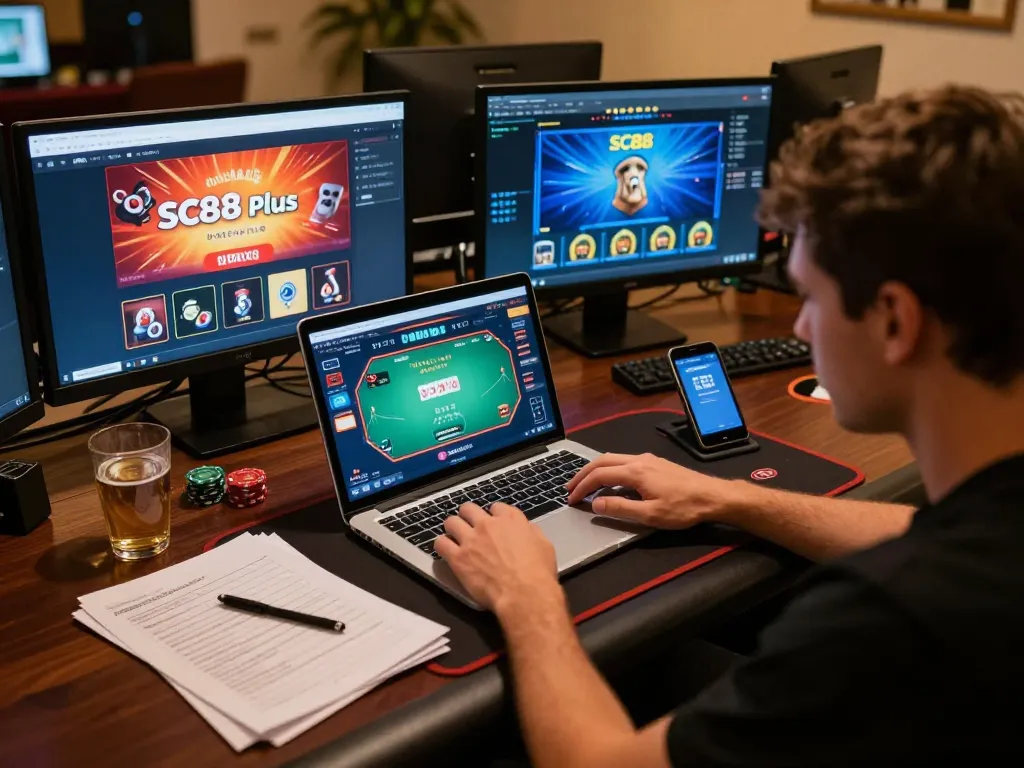 Engaging online gaming scene with SC88 Plus displayed on laptop, showcasing strategic gameplay.