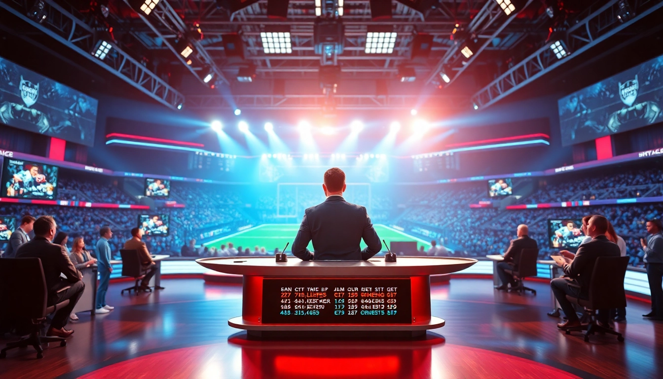 Engaging sports broadcasting scene highlighting a professional anchor in action.
