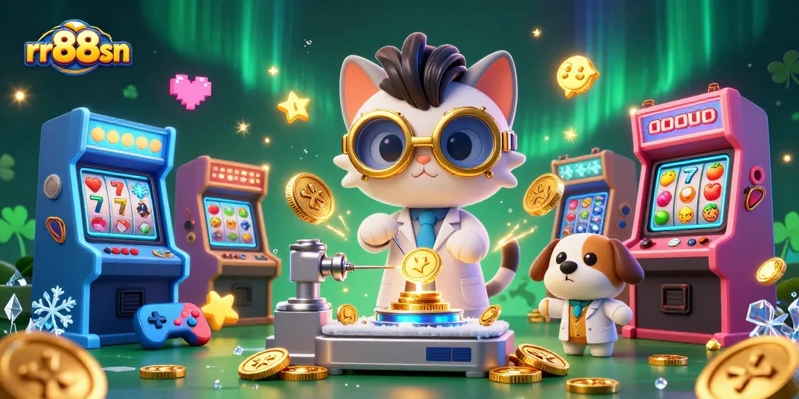 Engage with the dynamic rr88sn casino world featuring a mad scientist cat and lab assistant amidst gold coins and arcade games.