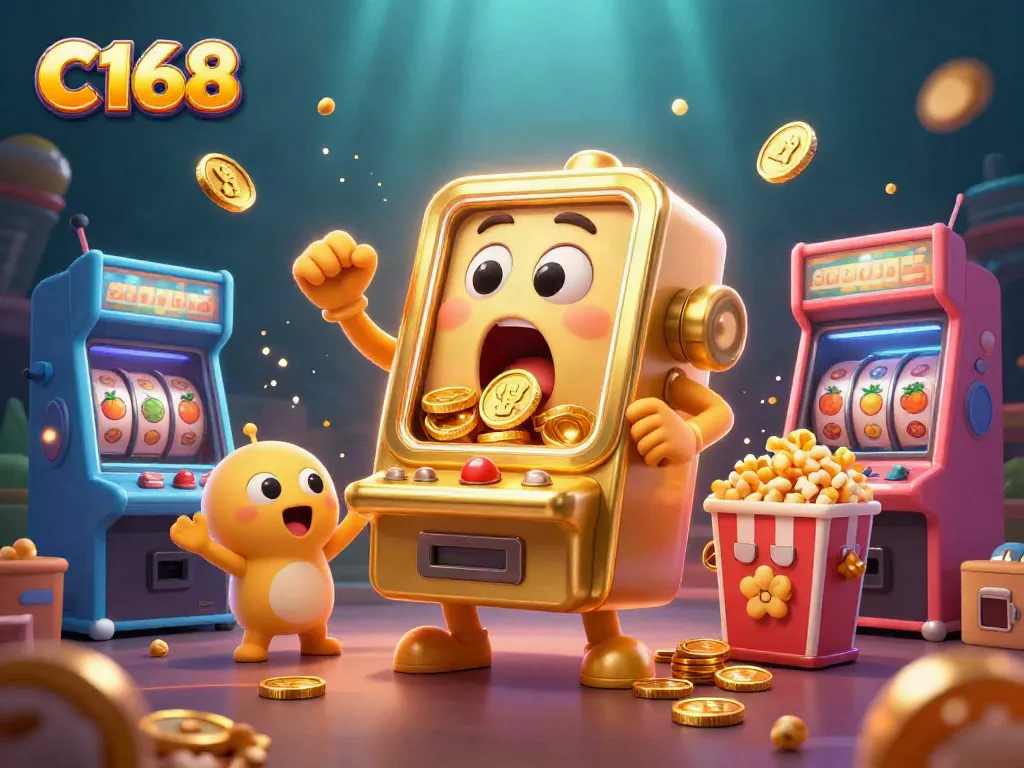 C168 slot machine celebrates a jackpot win, surrounded by cheering machines and golden coins.
