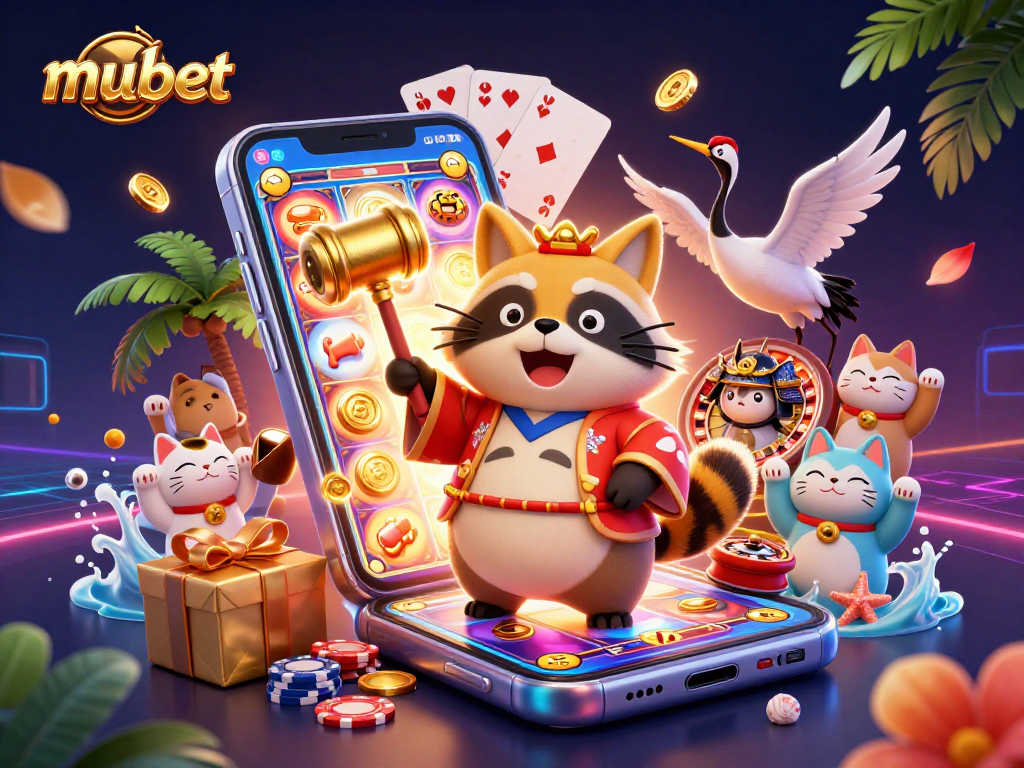 Mubet casino scene depicting a cheerful tanuki and cranes enjoying various gambling activities, including slots and poker.