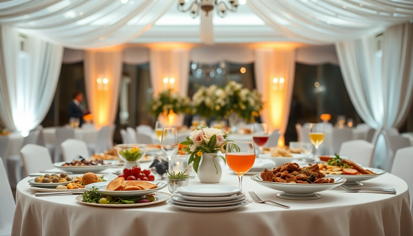 Eventcatering-Anordnung mit eleganten Gerichten und Dekoration, die eine festliche Stimmung erzeugt.