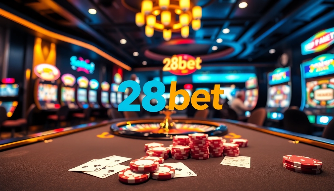 Experience excitement at 28bet with vibrant casino gaming tables and spinning roulette wheels.