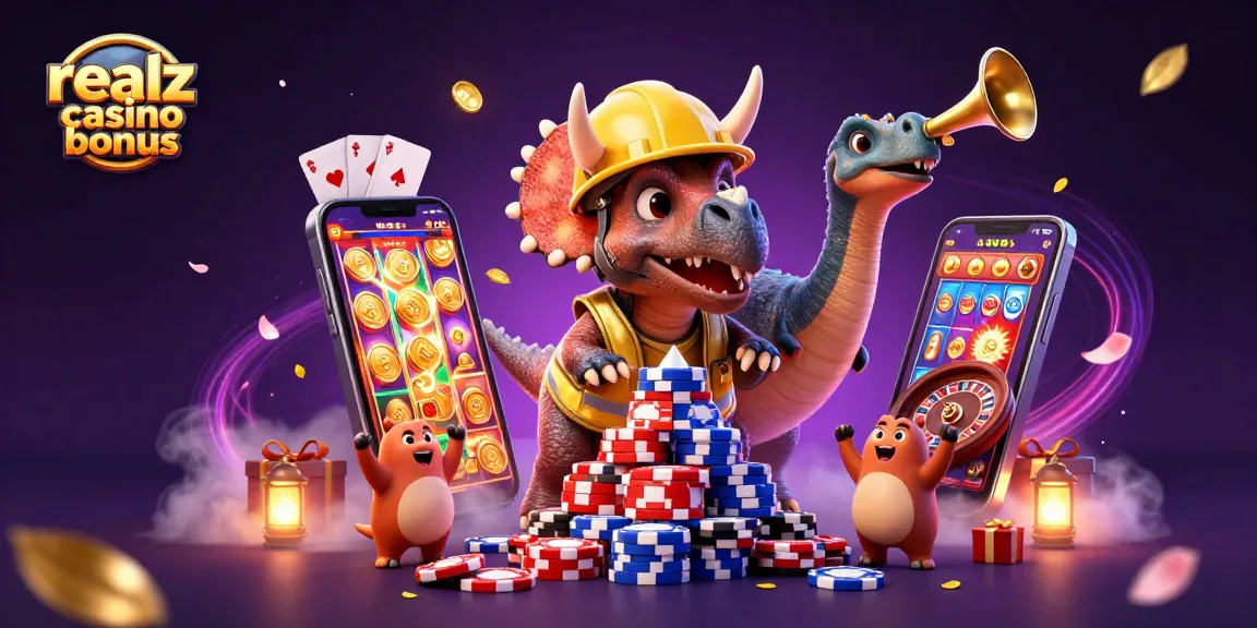 realz casino bonus mit Triceratops und Feiern unter leuchtenden Casino-Elementen