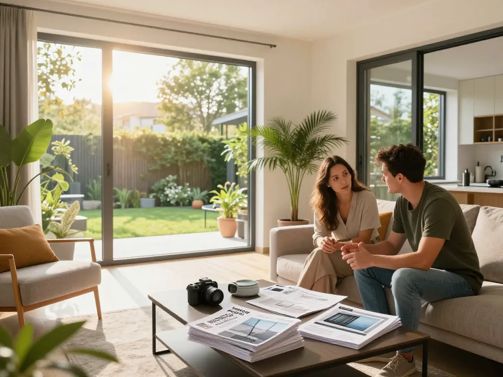 Modernes Wohnzimmer mit energieeffizienten Fenstern, die die Merkmale des Fensterbaus Düsseldorf präsentieren.