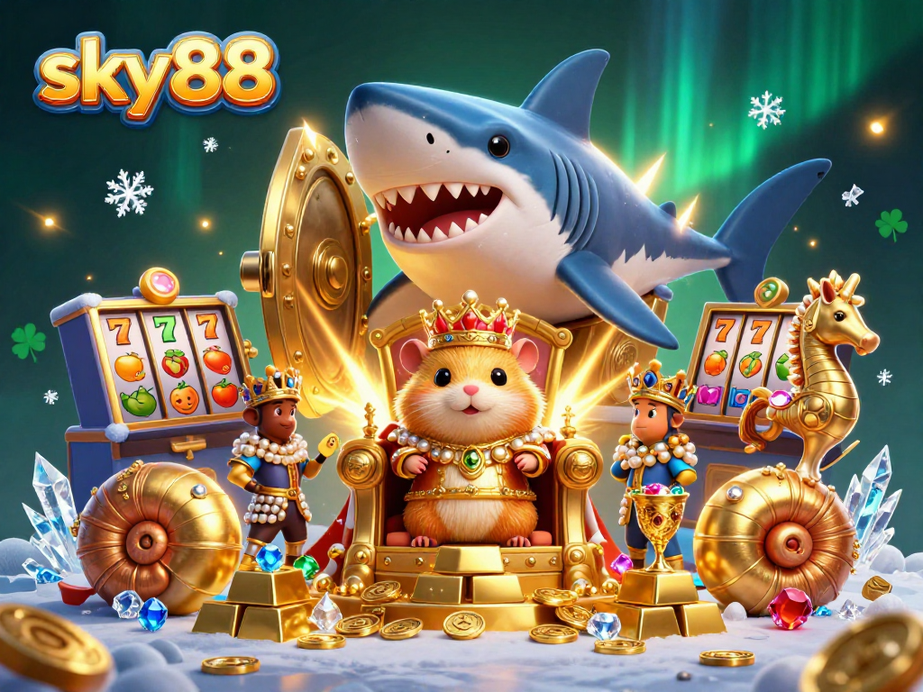 Spin the reels and win big with sky88's vibrant 3D casino illustration featuring unique characters and treasures.