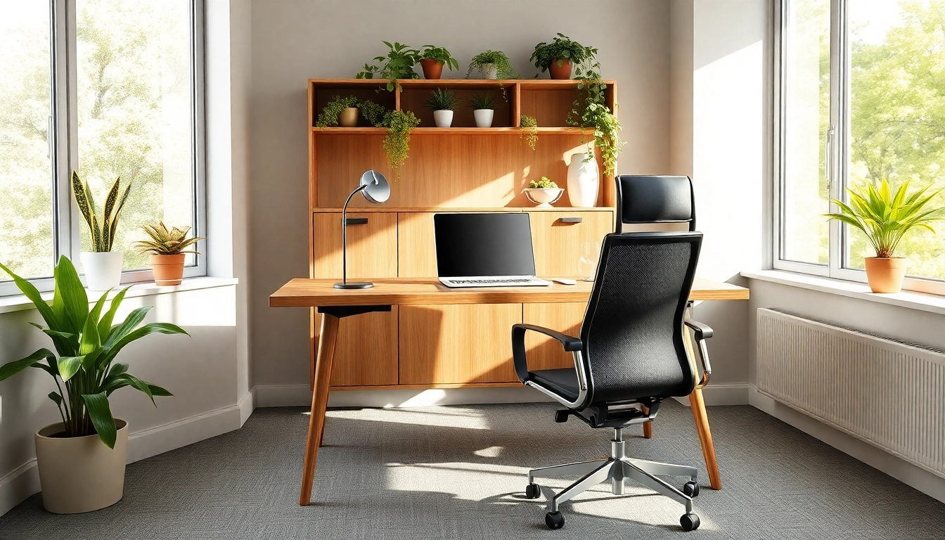 Moderne Büromöbel in einem hellen Büro mit ergonomischem Schreibtisch und Stuhl.