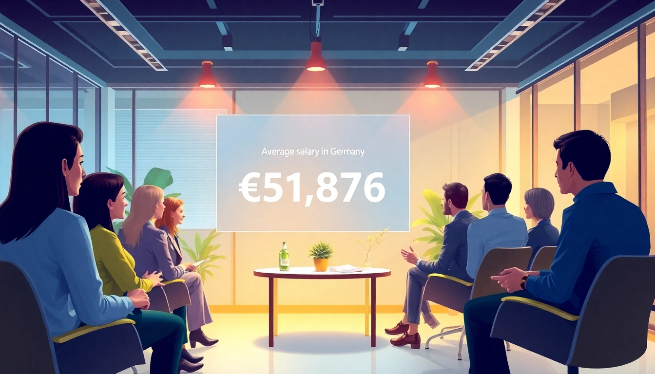 Illustration of professionals discussing the average salary in Germany, showcasing a modern office environment.