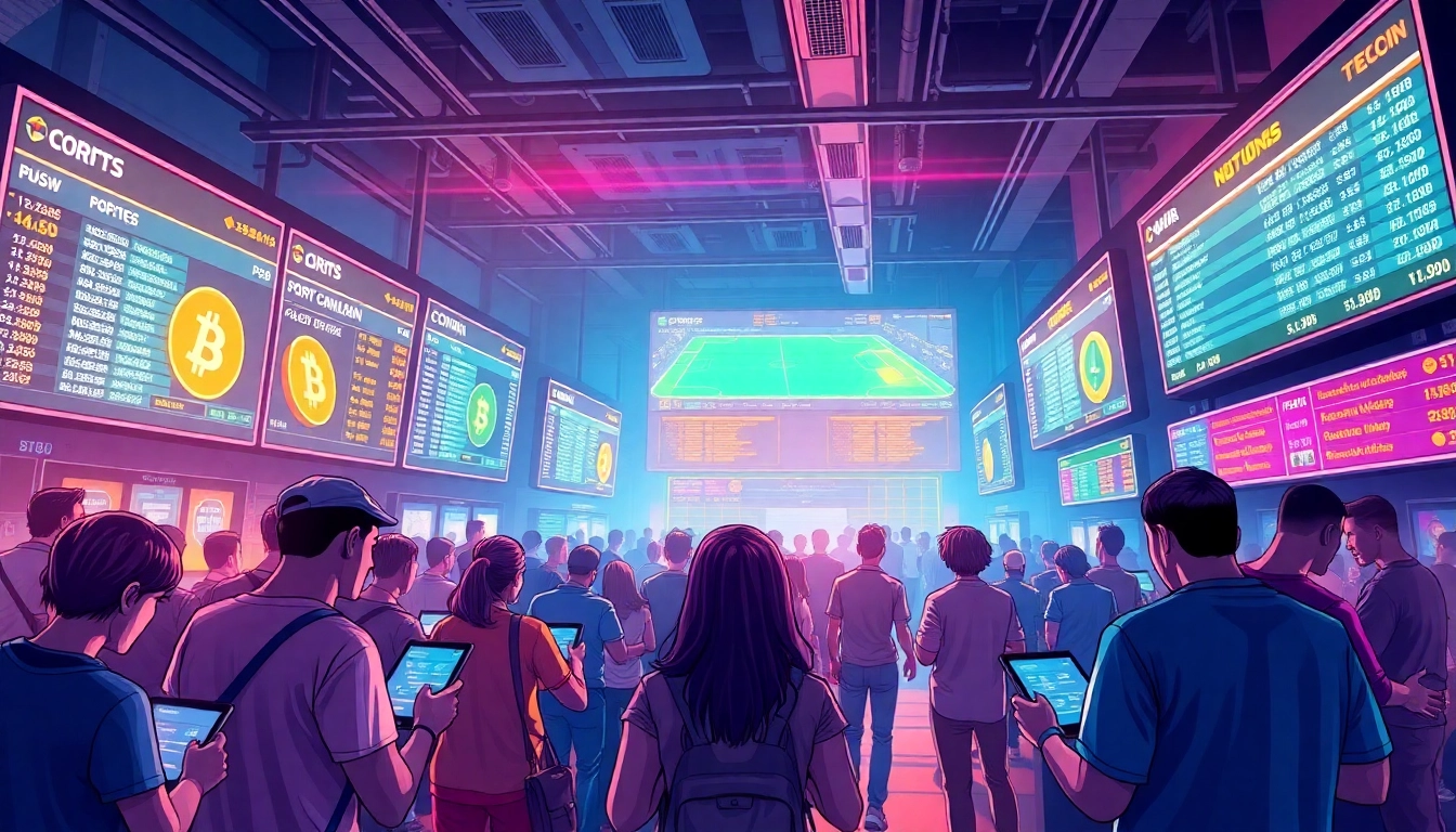 Experience the thrill of crypto sports betting in a futuristic gaming environment with digital screens and diverse bettors.