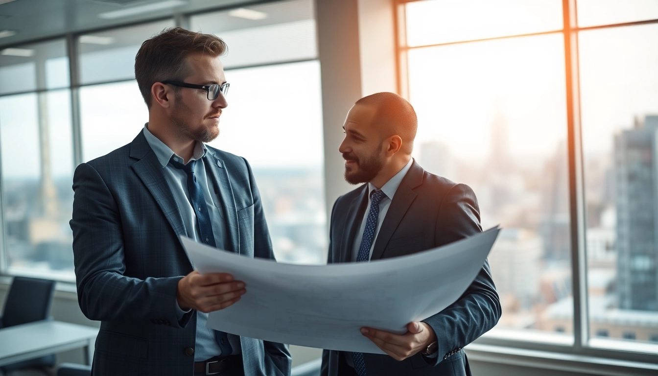 Headhunter Ingenieure im Gespräch mit einem Ingenieur über technische Pläne in einem modernen Büro.