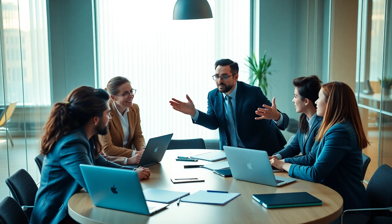 Headhunter facilitating a diverse team discussion in a modern office.
