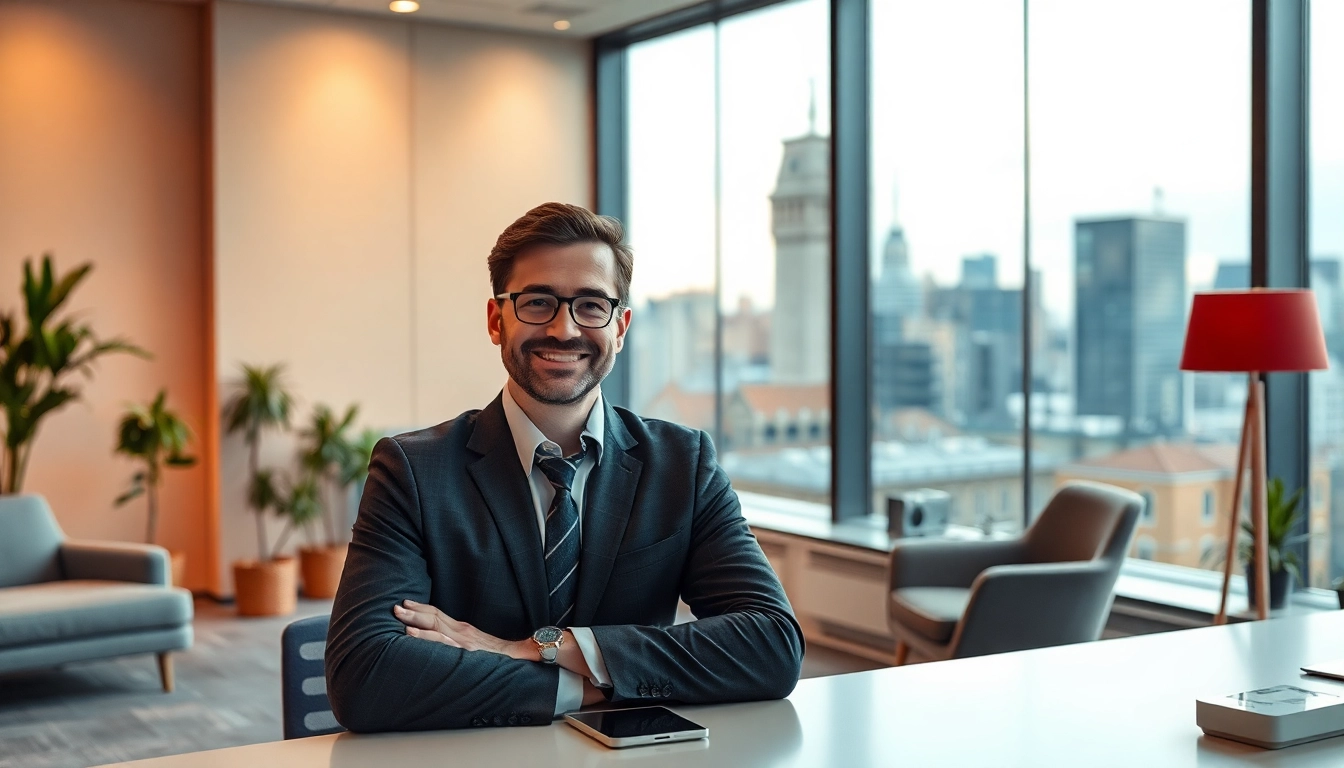 Erfolgreicher Headhunter Köln präsentiert in modernem Büro mit Skyline.