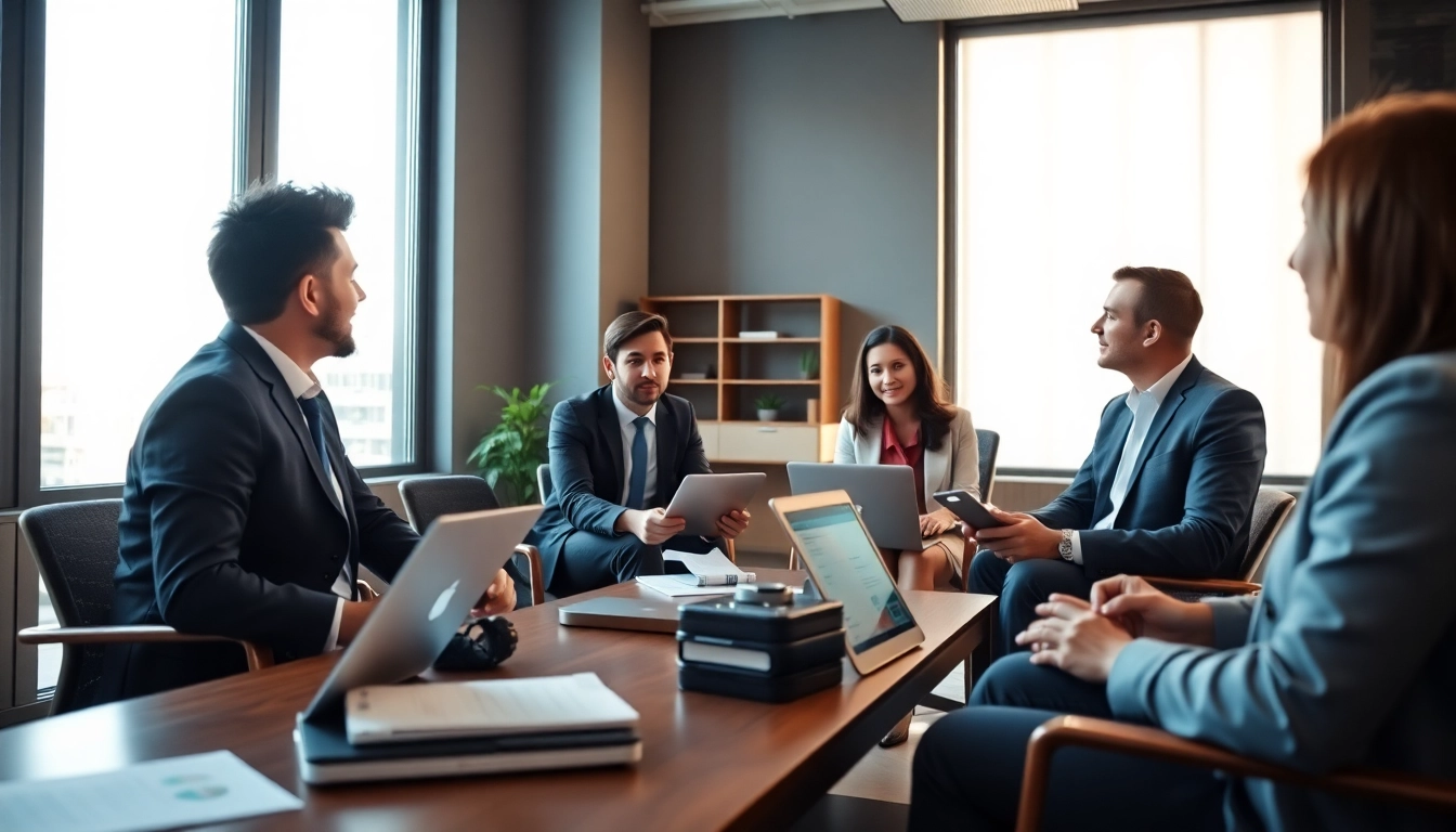 Headhunter München berät ein vielfältiges Kliententeam in modernem Büro.